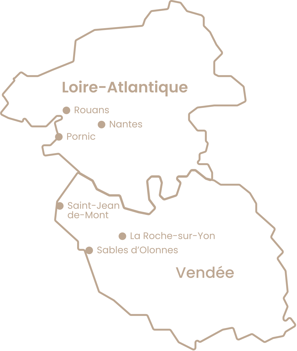 Carte des zones d’intervention de Gaïa Paysage : Loire-Atlantique, Vendée, Rouans, Pornic, Nantes, Sables-d’Olonne et La Roche-sur-Yon